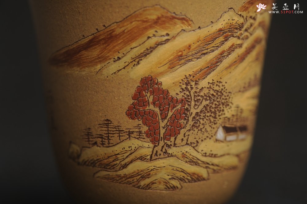 紫砂壶图片：美杯国庆特惠 精品好泥好工好刻雅致泥绘山水主人杯 茶人醉爱 - 紫砂壶信息网