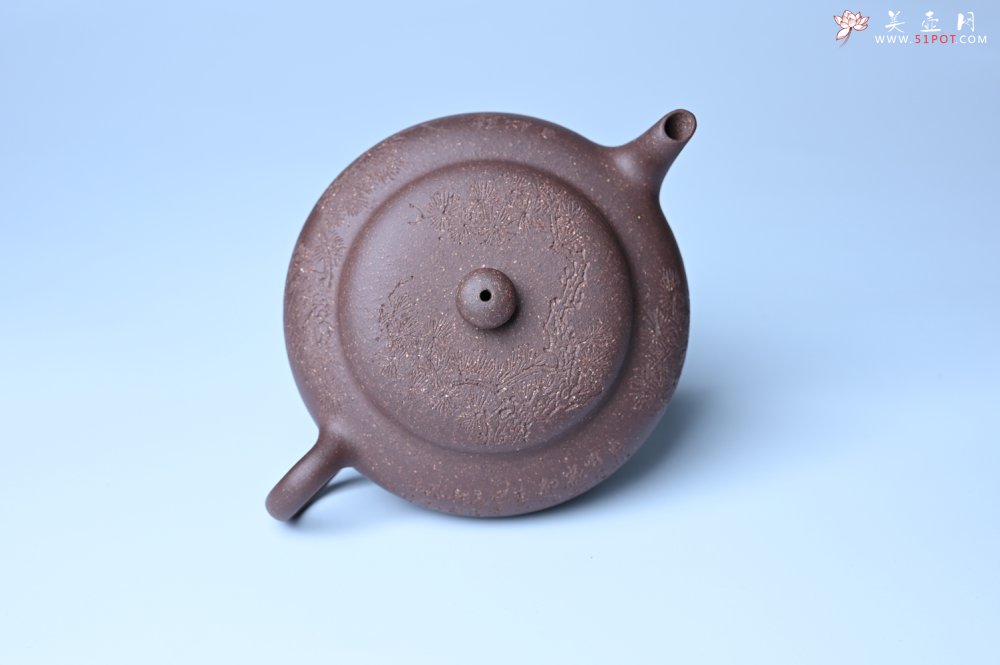 紫砂壶图片：美壶特惠 特好紫泥扁玉壶 装饰不老松 文气十足 - 紫砂壶信息网