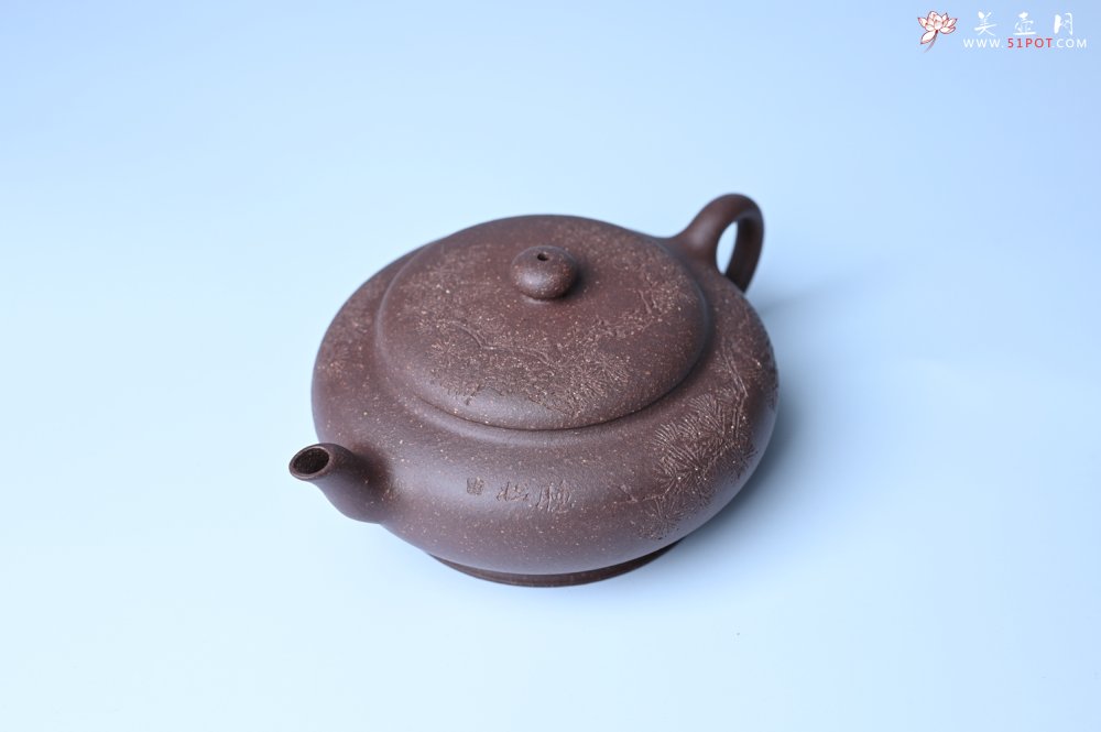 紫砂壶图片：美壶特惠 特好紫泥扁玉壶 装饰不老松 文气十足 - 紫砂壶信息网