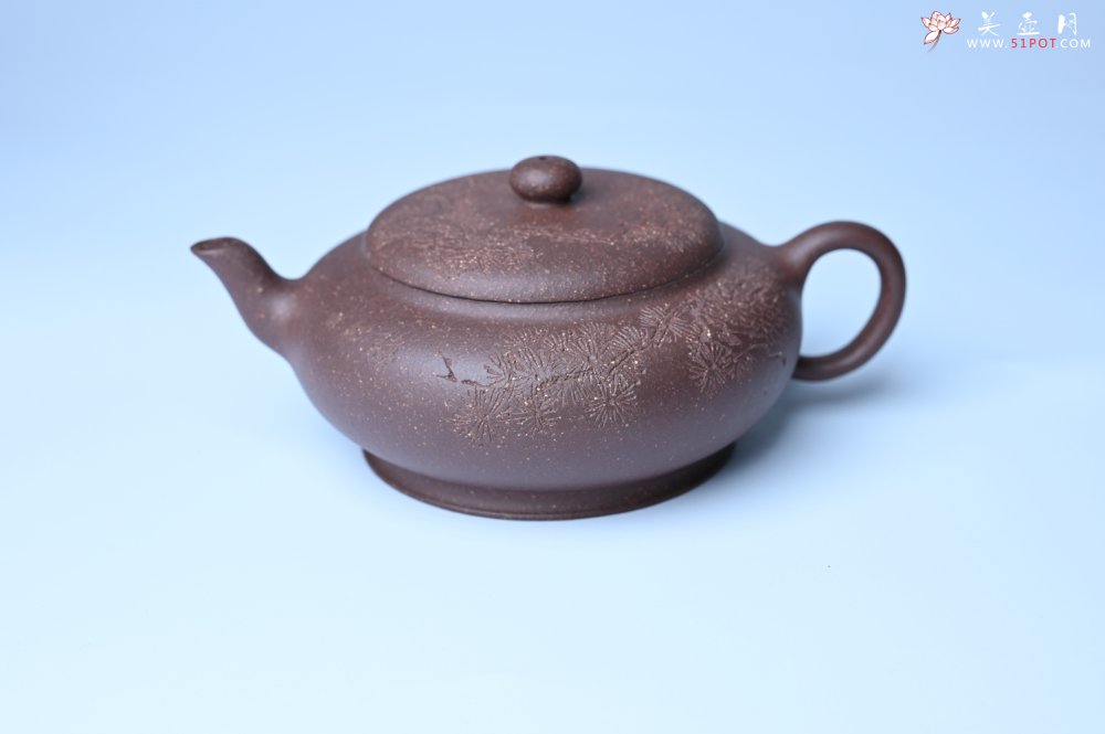 紫砂壶图片：美壶特惠 特好紫泥扁玉壶 装饰不老松 文气十足 - 紫砂壶信息网