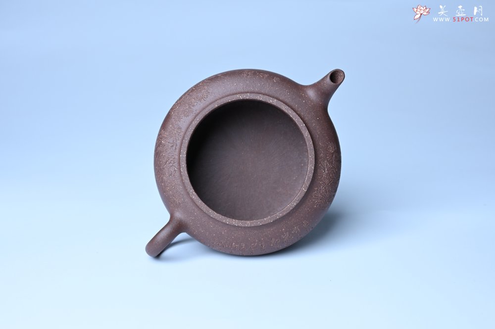 紫砂壶图片：美壶特惠 特好紫泥扁玉壶 装饰不老松 文气十足 - 紫砂壶信息网